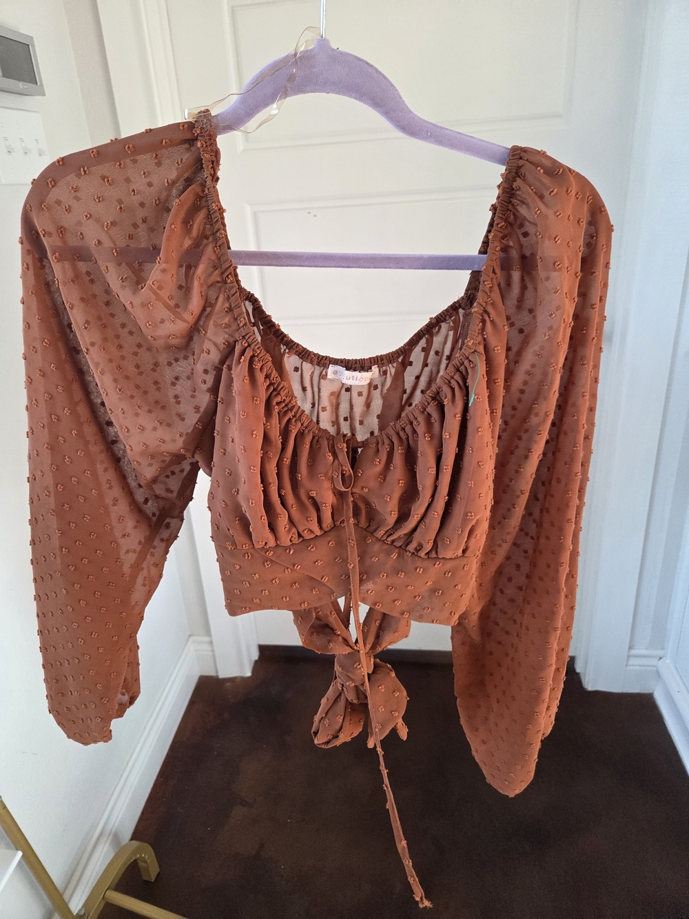 Swiss Dot Tie-Front Cropped Blouse in Rust Brown - Women